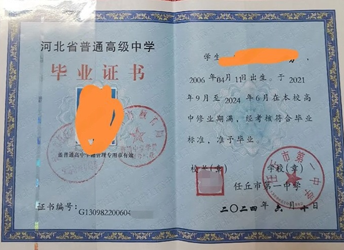 武陟任丘市第一中学高中毕业证样本图片